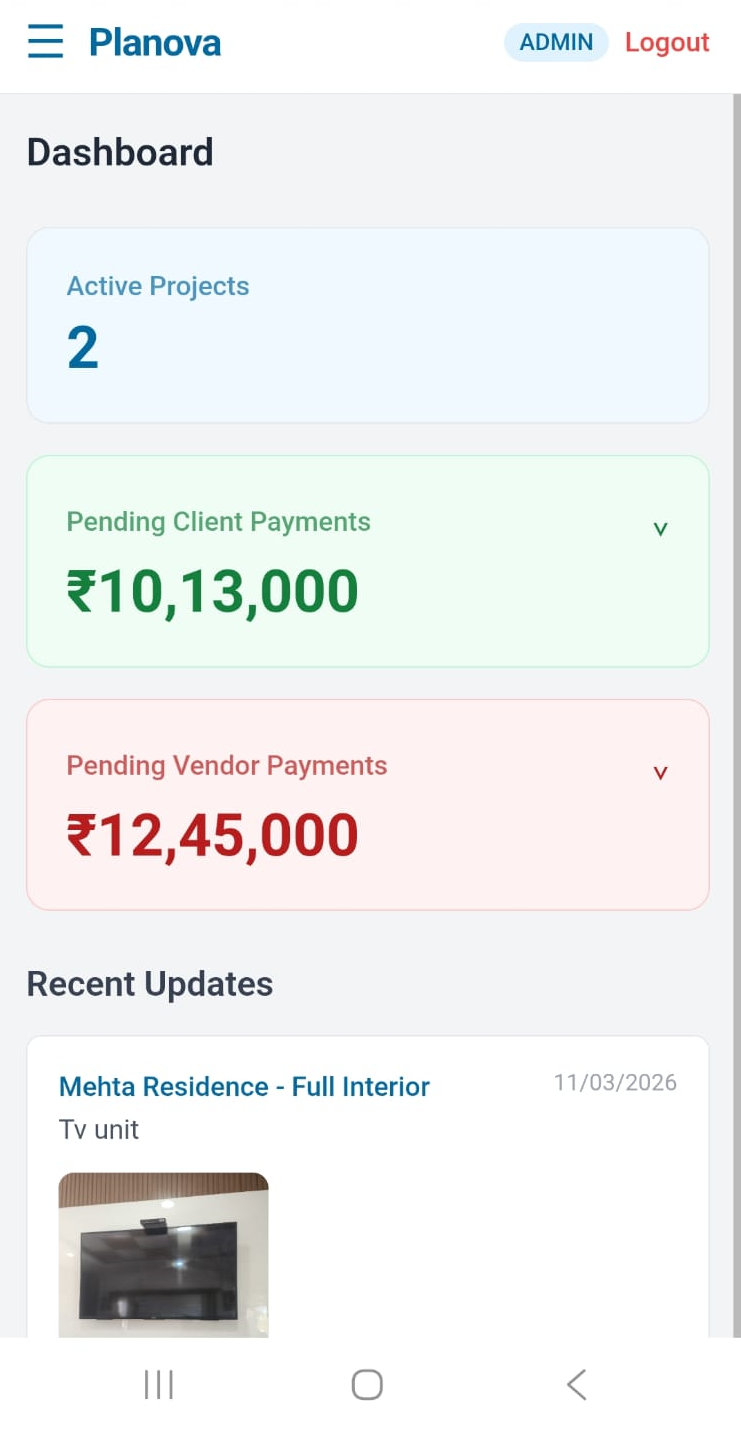 Planova Dashboard — project management for interior designers and construction firms